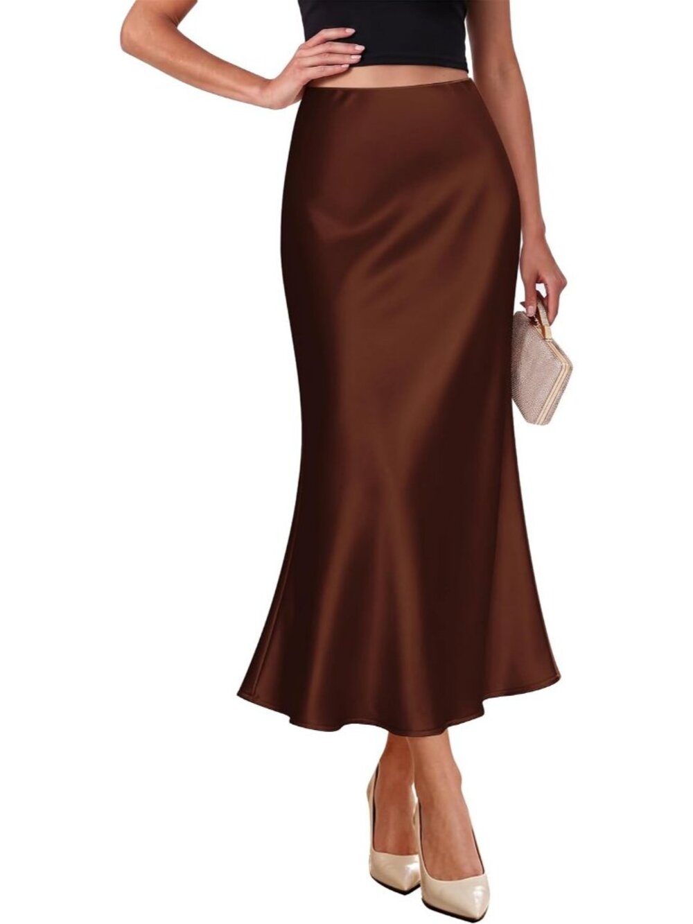 Women's Brown Elegant Satin High Waist Silk Bias Cut Slip Pull On Midi Skirt